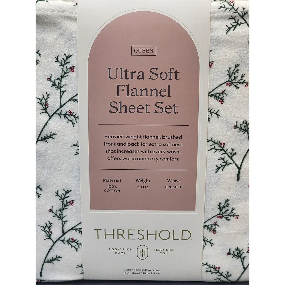 Threshold Flannel Sheet Set Queen Ultra Soft White Green Red Holiday Christmas